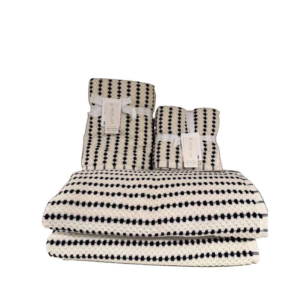 Rachel Zoe 8 piece Black & Cream Towel Set 2 Bath, 2 Hand, 4 Washcloth NEW Soft
